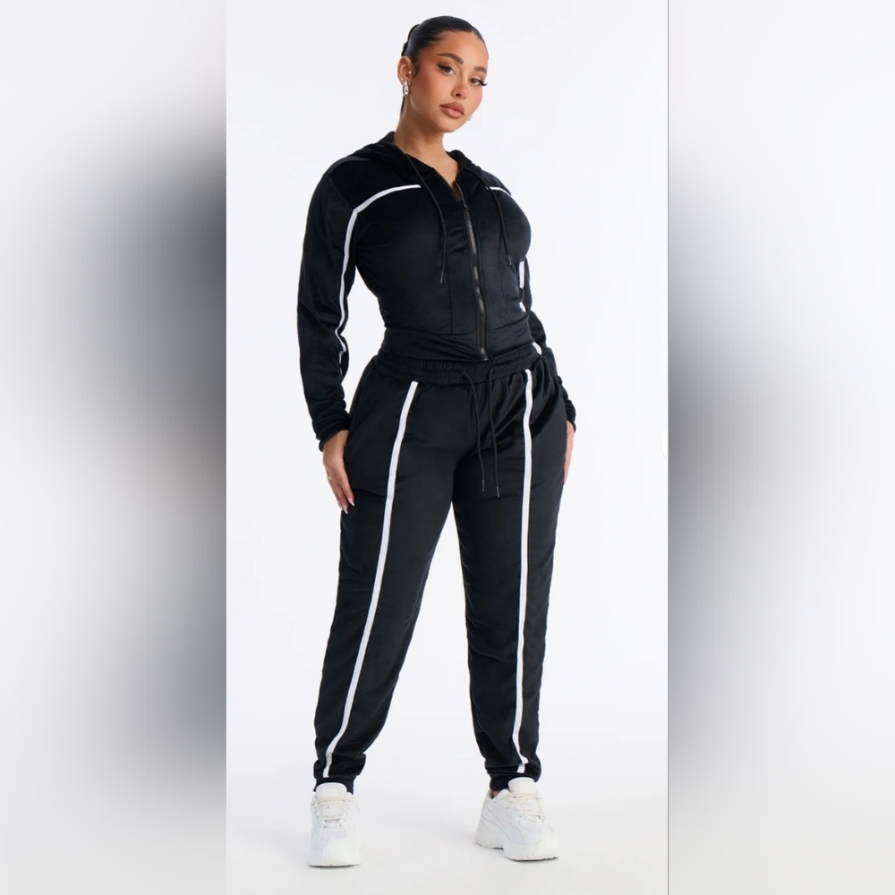 Black Velour Joggersuit with White Trim